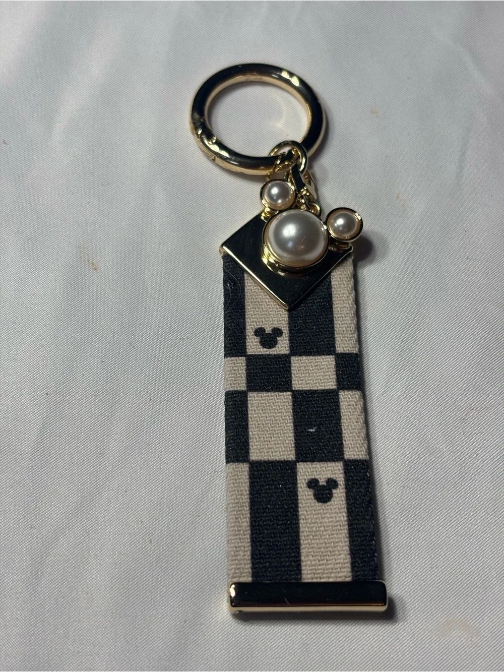 New Disney Pearl Mickey Ear Checker Keychain - Black & Cream Bag Charm